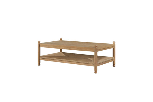Suede Cocktail Table with Metal & Rattan Shelf