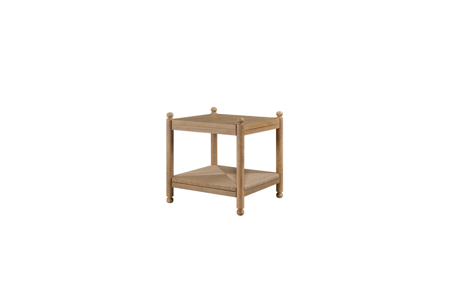 Suede End Table with Metal & Rattan Shelf